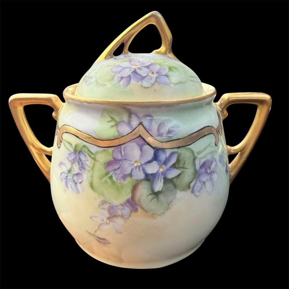 Vintage Hand Painted Purple Violets Sugar Bowl